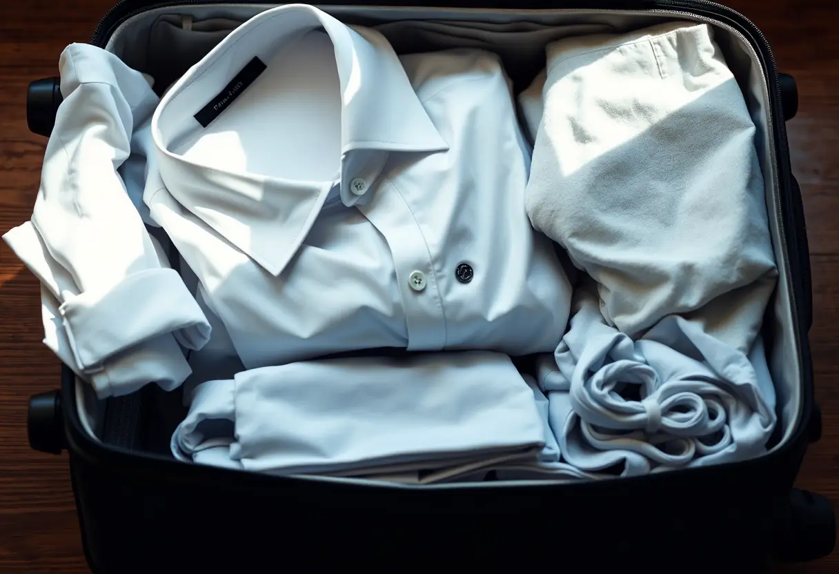 Un chemisier plié soigneusement posé à l'intérieur d'une valise ouverte en bas, avec d'autres chemises pliées prêtes à être placées à l'intérieur.