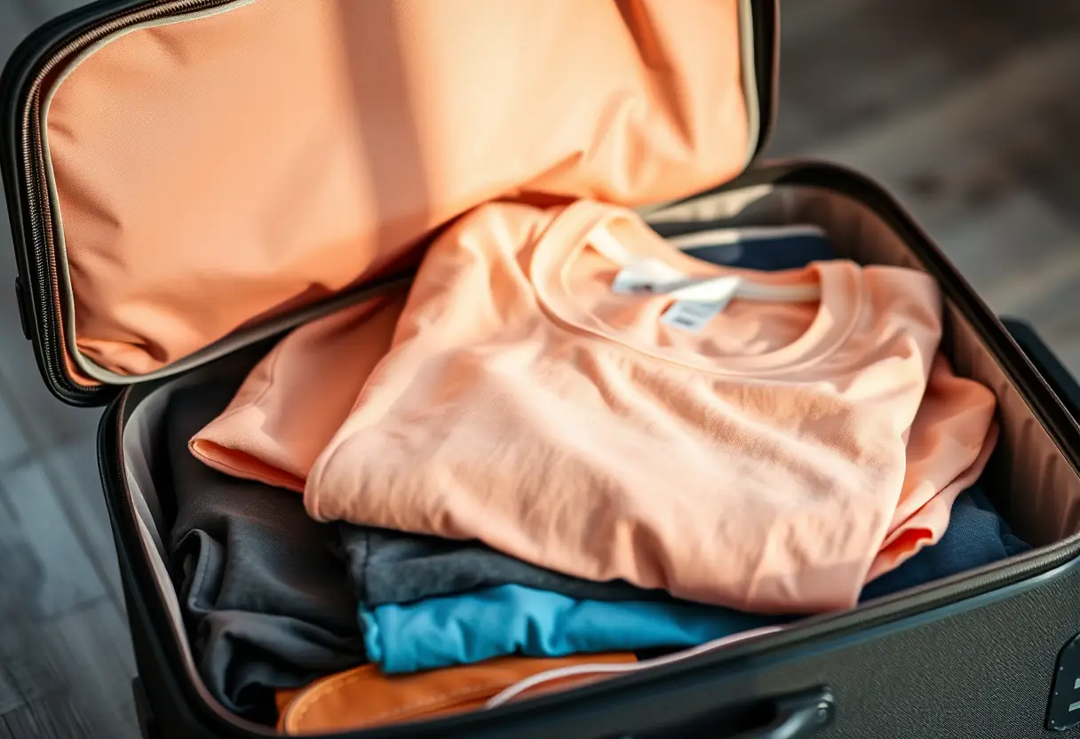 Un T-shirt plié posé à l'intérieur d'une valise rectangulaire, visible par l'ouverture partiellement ouverte, montrant des couches de vêtements organisés