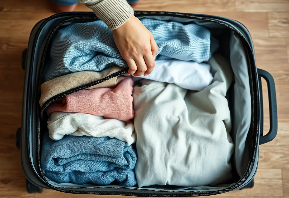 Une main refermant la fermeture éclair d'une valise souple pleine de vêtements pliés avec soin