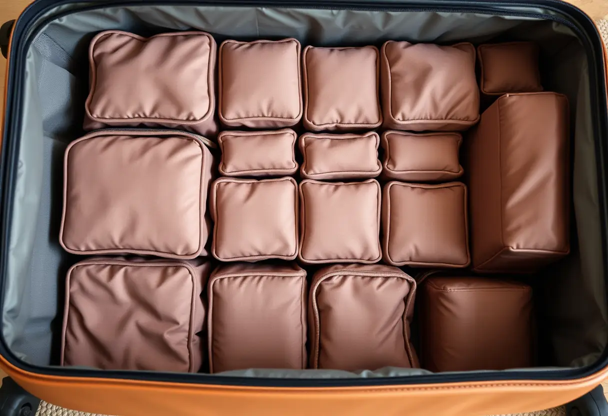 Des cubes de rangement disposés en rangées à l'intérieur d'une valise rigide, créant des compartiments définis