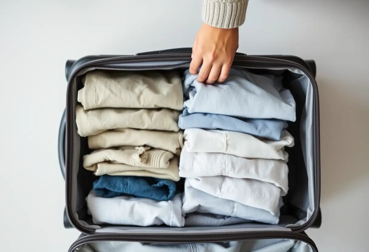 Une main refermant la fermeture éclair d'une valise rectangulaire grande remplie de vêtements pliés avec soin
