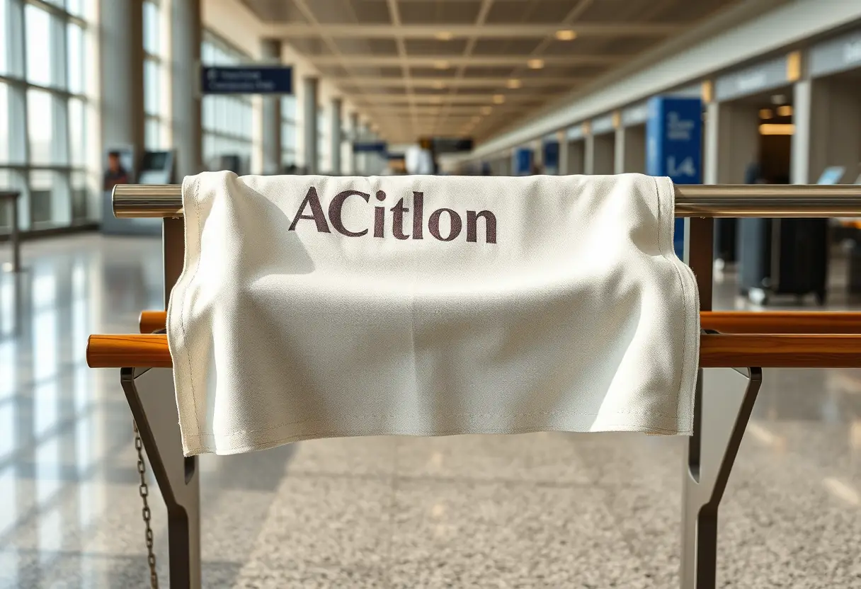 Un rectangle de tissu plié soigneusement sur un porte-malles en bois dans un terminal d'aéroport.