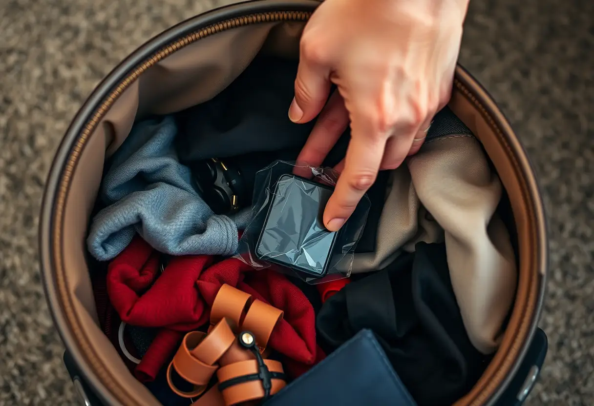 Une main qui cherche un objet enveloppé de plastique dans un étui rigide.