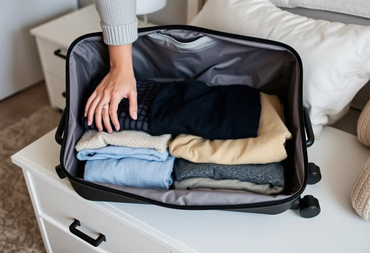 Une main arrange des vêtements pliés avec soin à l'intérieur d'une valise ouverte posée sur une commode de chambre