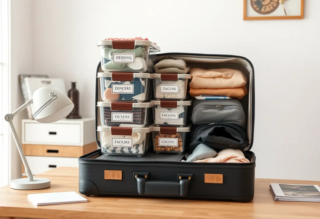 Des cubes de rangement empilés et étiquetés avec leur contenu, disposés dans une valise sur un bureau de maison