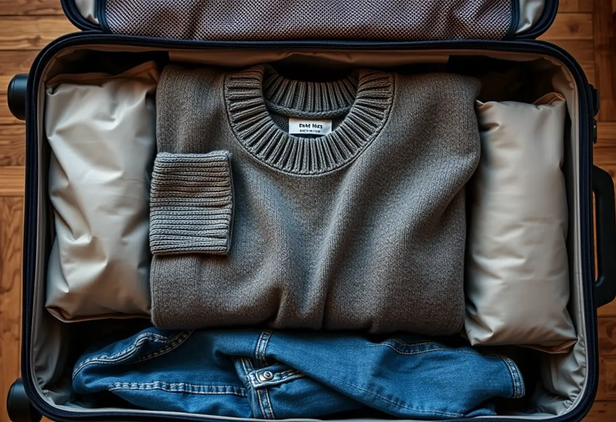 Un pull soigneusement plié placé à l'intérieur d'une valise partiellement ouverte, montrant des cubes de rangement organisés et des vêtements roulés avec soin