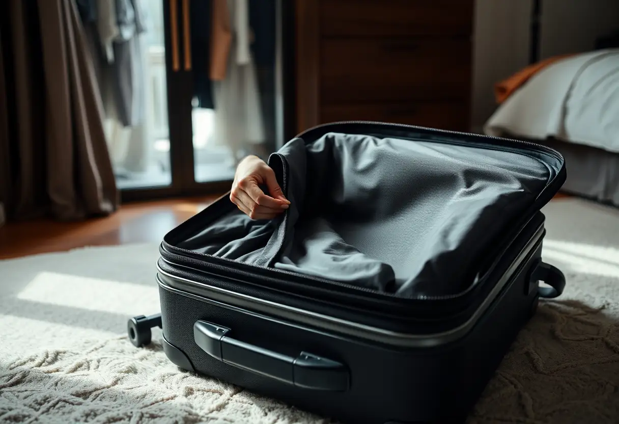 Une main tirant délicatement la fermeture Éclair d'une valise fermée, cette dernière étant posée sur le plancher d'une chambre avec des vêtements visibles à travers une fenêtre transparente