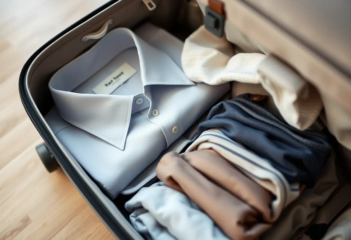 Une chemise pliée soigneusement glissée dans une valise compacte, montrant à l'intérieur un rangement organisé avec des rangées de vêtements pliés