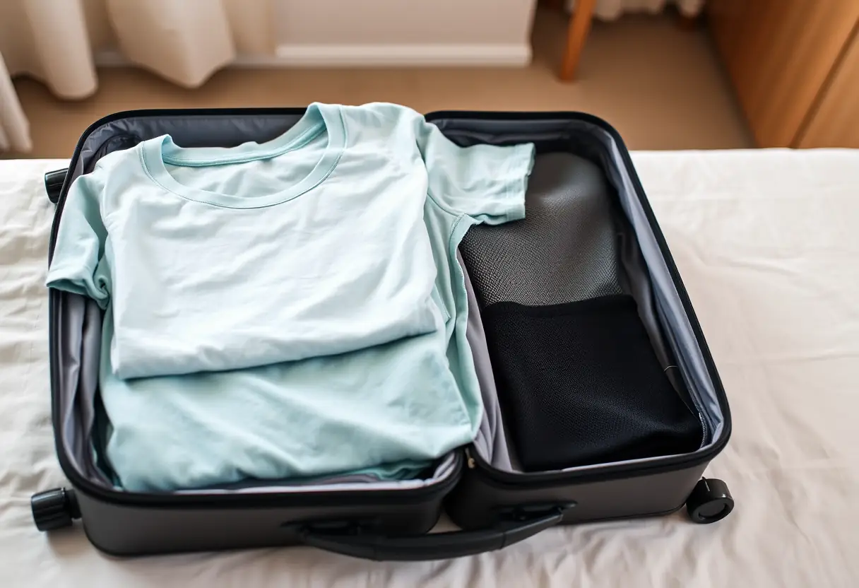 Un T-shirt plié soigneusement placé à l'intérieur d'une valise ouverte posée sur le bureau d'une chambre.