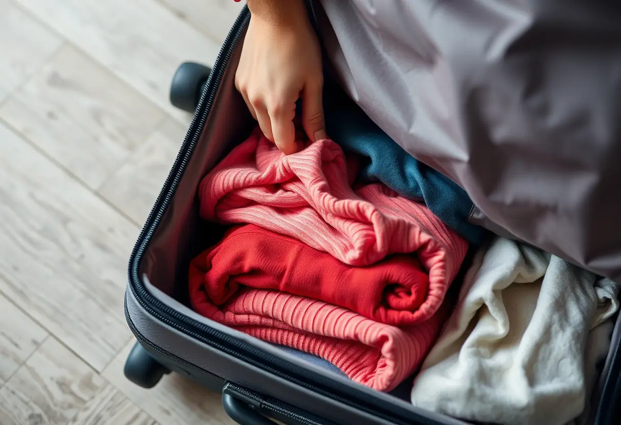 Une main refermant la fermeture éclair d'une valise souple partiellement ouverte contenant des vêtements pliés avec soin