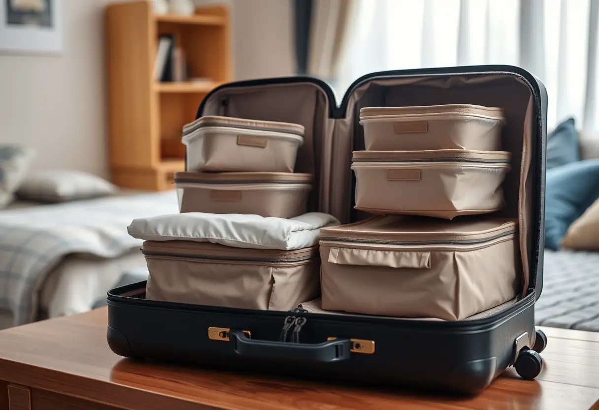 Des cubes de rangement empilés dans une valise ouverte posée sur un bureau de chambre
