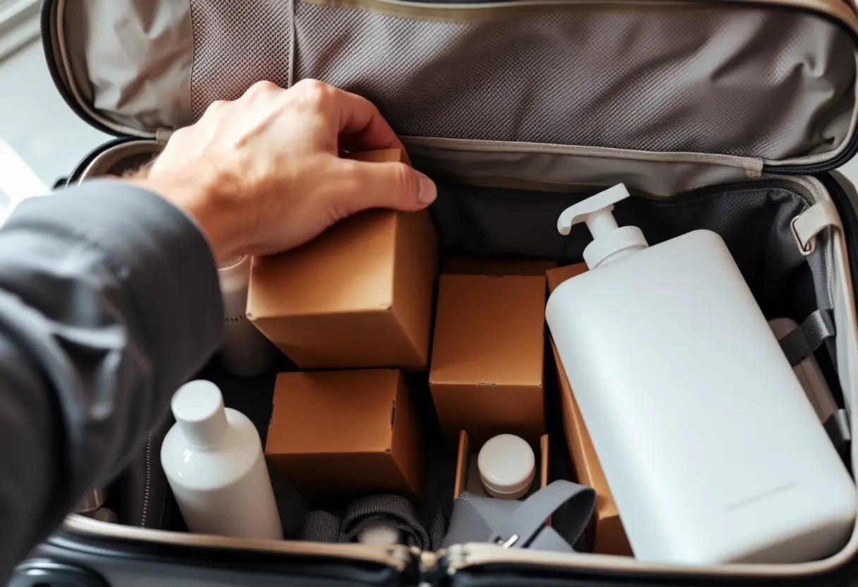 Une main organise des boîtes rectangulaires de toilette dans un sac de voyage