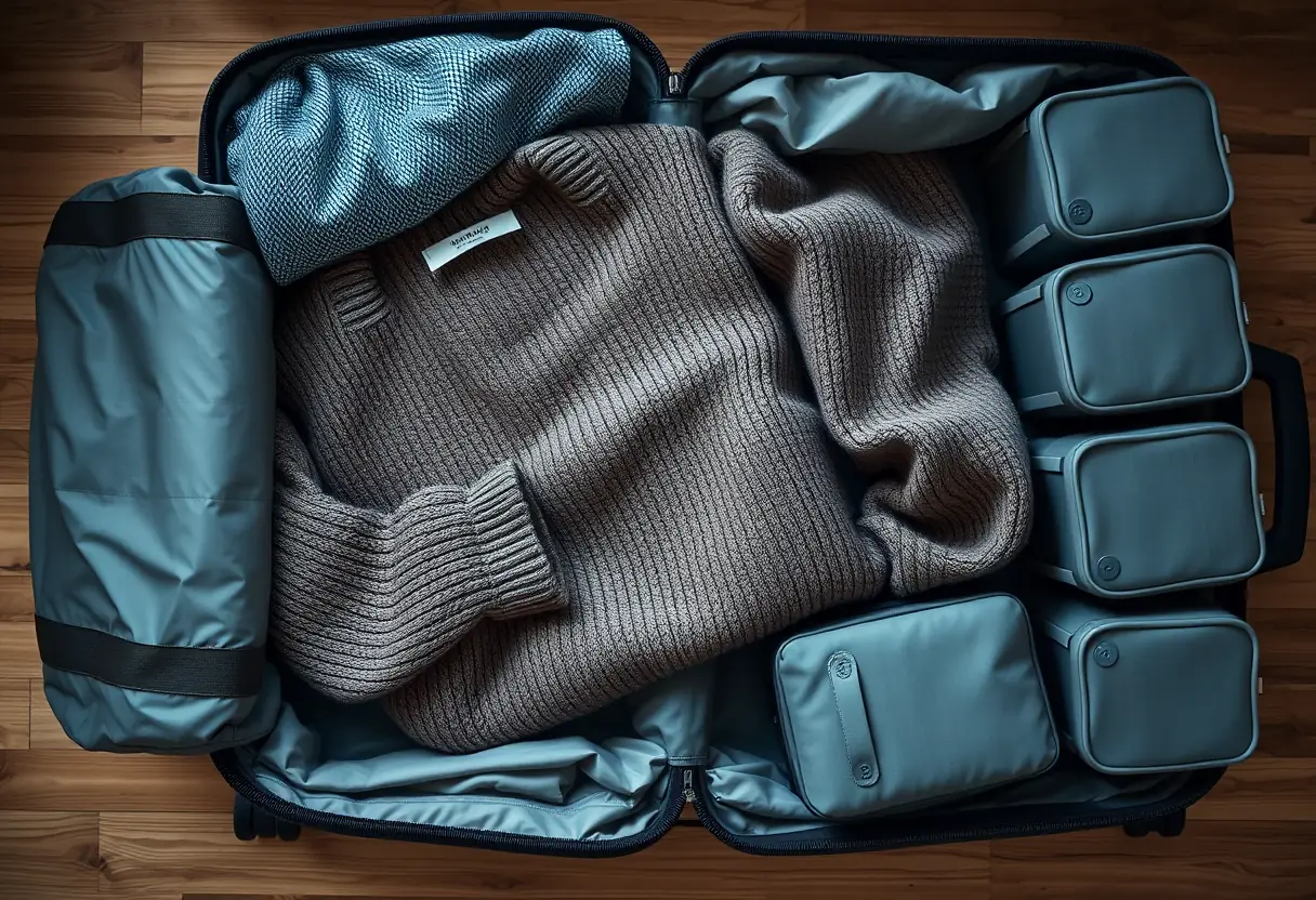 Un pull replié avec soin est placé à l'intérieur d'une valise partiellement ouverte, tandis que des cubes de rangement sont disposés en ordre près de celle-ci