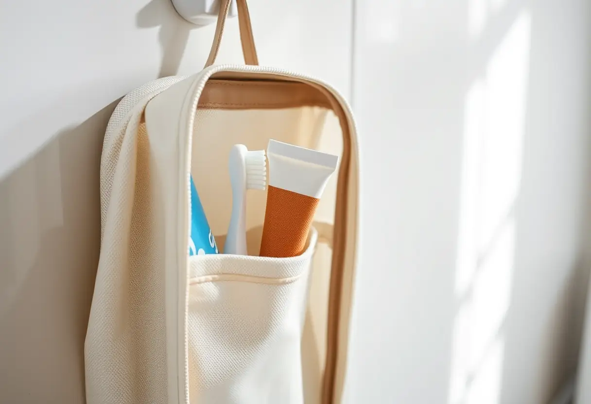 Un sac de toilette accroché à un anse de porte dans la salle de bains, montrant un pinceau à moitié ouvert et un tube de dentifrice à l'intérieur