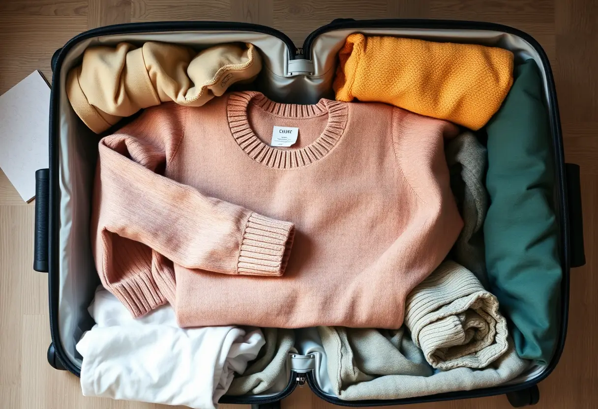 Un pull plié posé à plat à l'intérieur d'une valise complètement ouverte, entouré de vêtements supplémentaires pliés pour maximiser l'espace