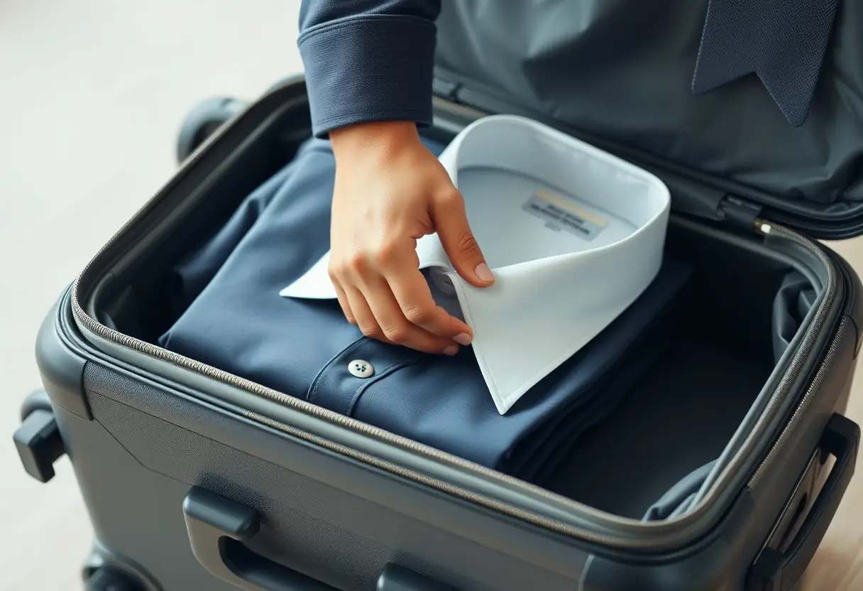 Une main mettant en plis une chemise dans la couverture ouverte d'une valise