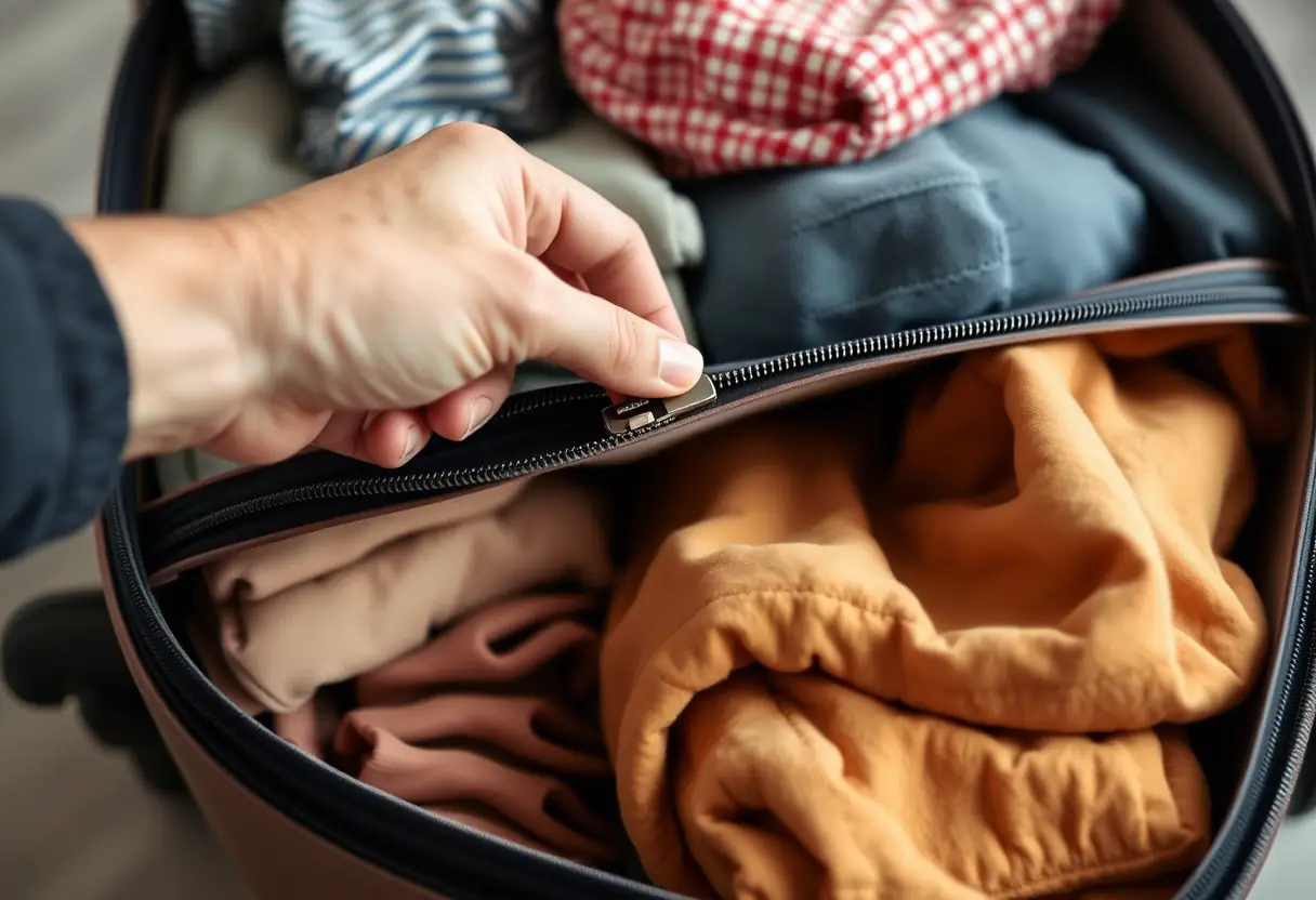La main qui referme la fermeture Éclair d'une valise cabine déjà remplie de vêtements pliés avec soin