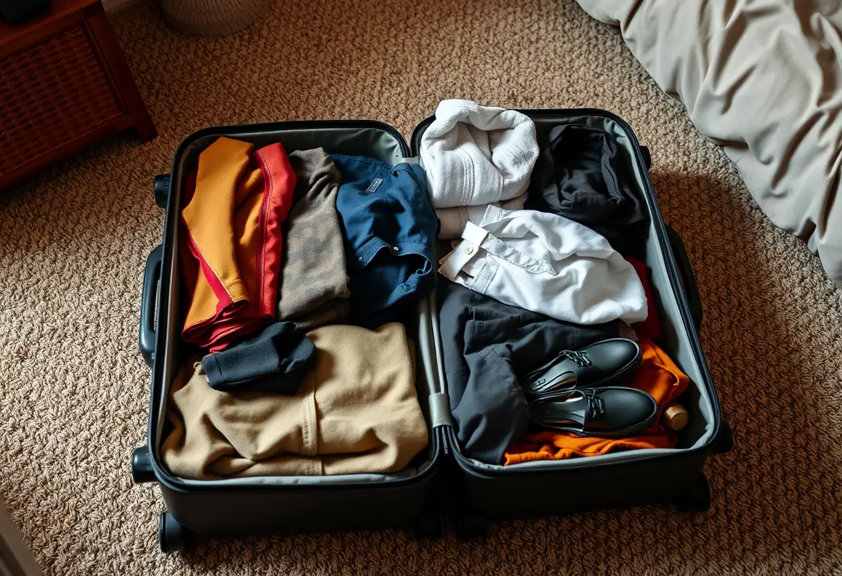 Des vêtements rangés dans une valise cabine ouverte sur un tapis de chambre, montrant des sections organisées pour différents types de vêtements