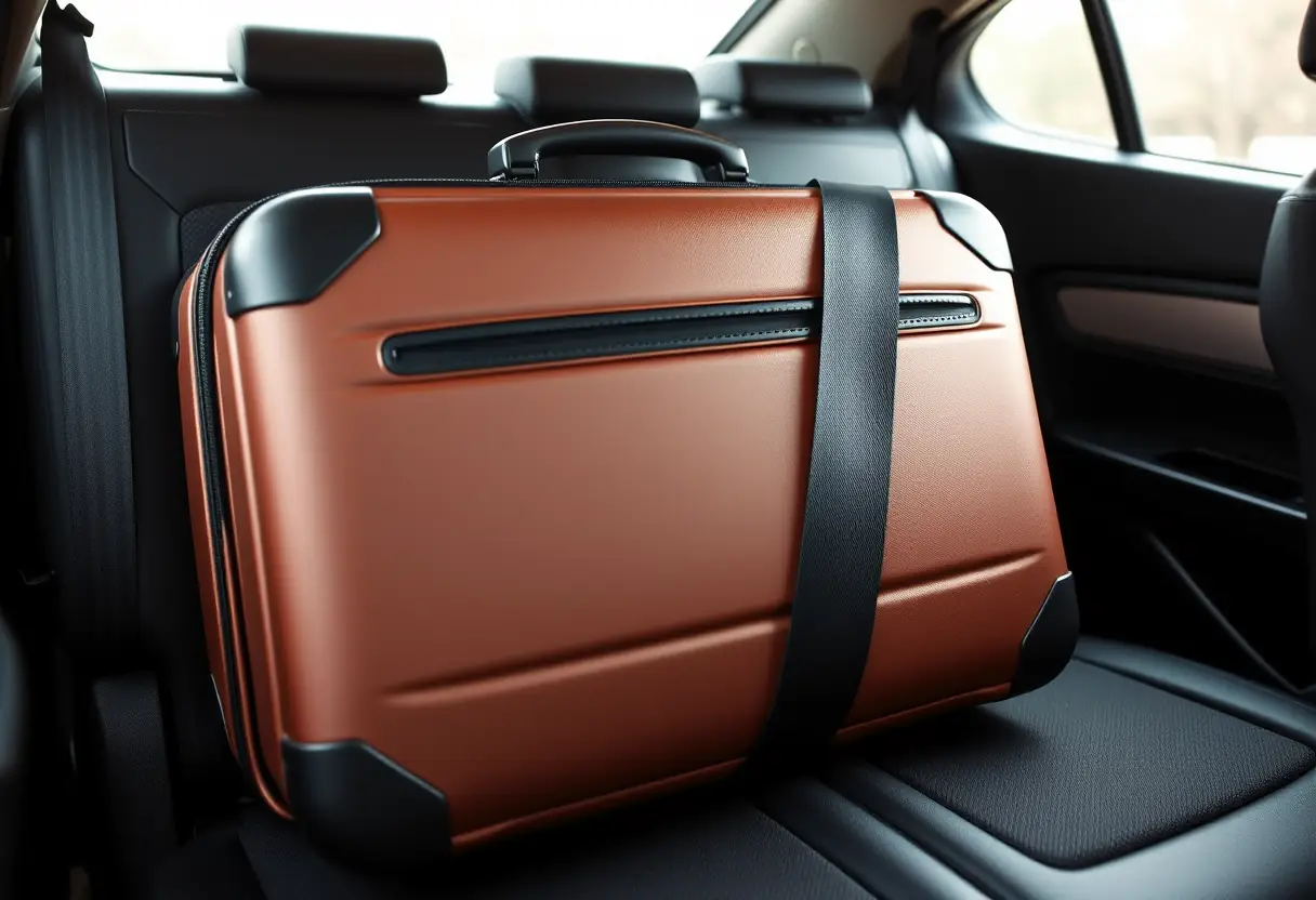 Une valise rectangulaire fermée reposant sur la banquette arrière d'une voiture, partiellement couverte par une ceinture de sécurité.