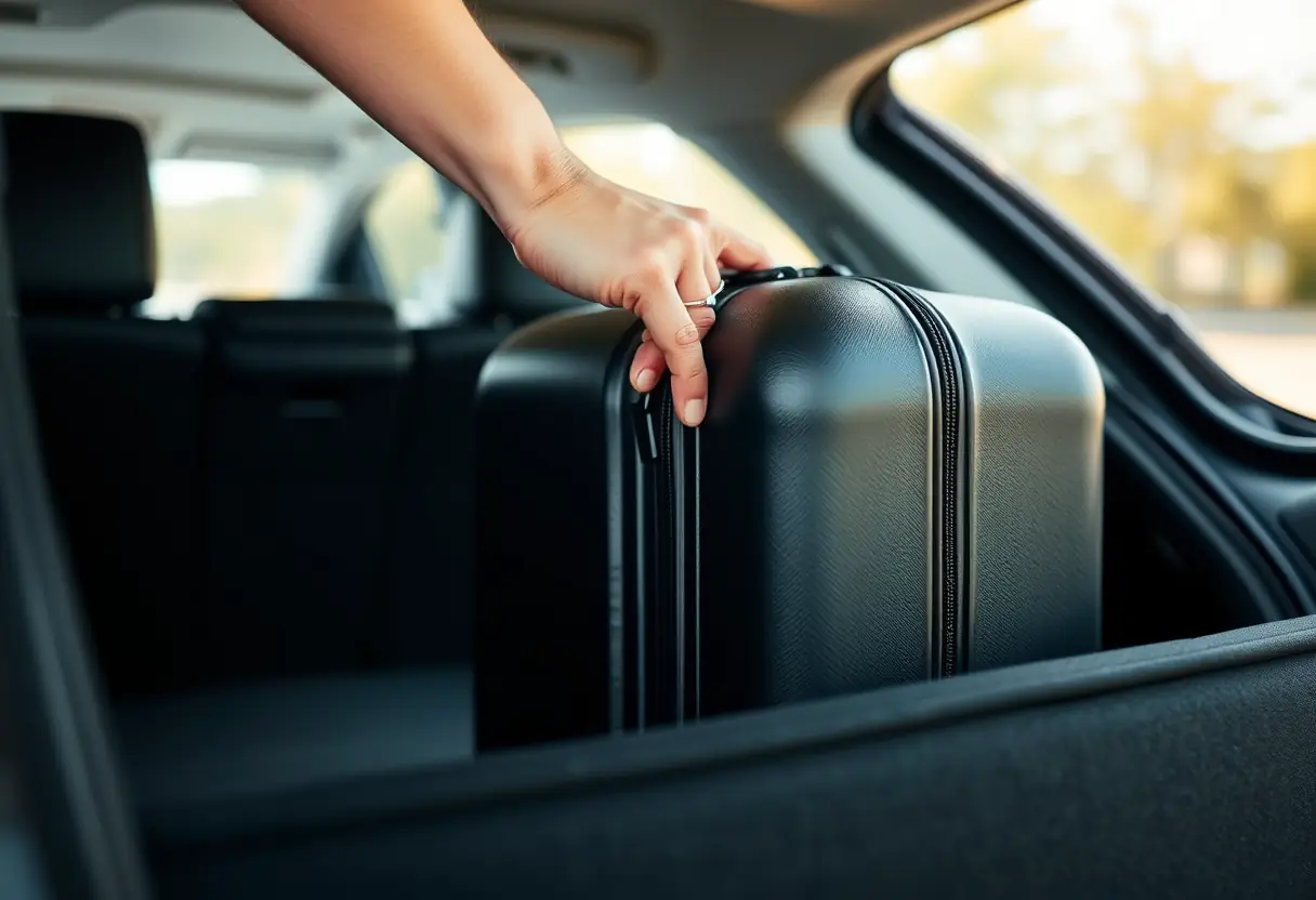 Une main ferme la fermeture éclair d'une valise rangée dans le coffre d'une voiture.