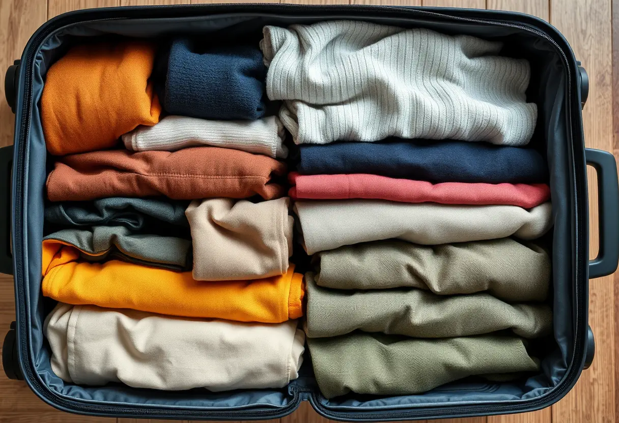 Vue d'ensemble d'une valise dont les vêtements sont bien rangés en couches organisées et des pantalons roulés
