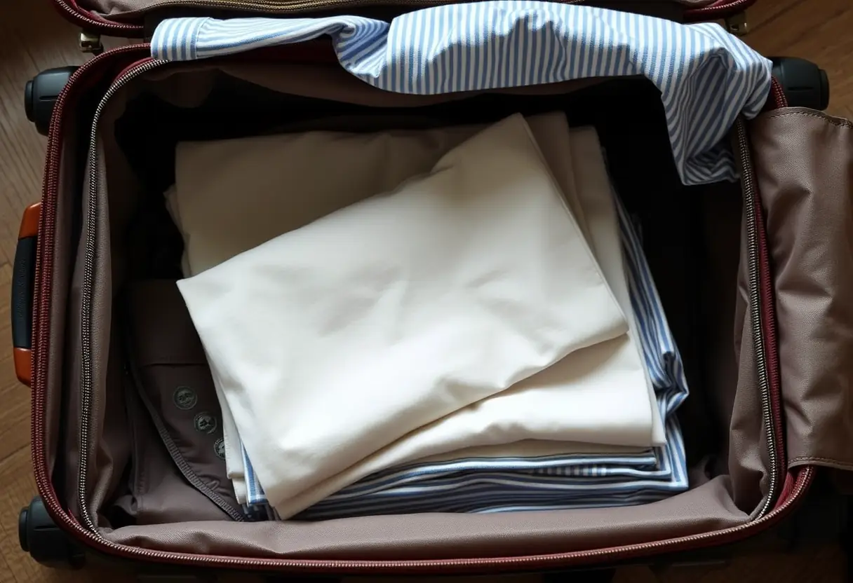 Un carré de tissu plié dans une valise ouverte, prêt pour le voyage.