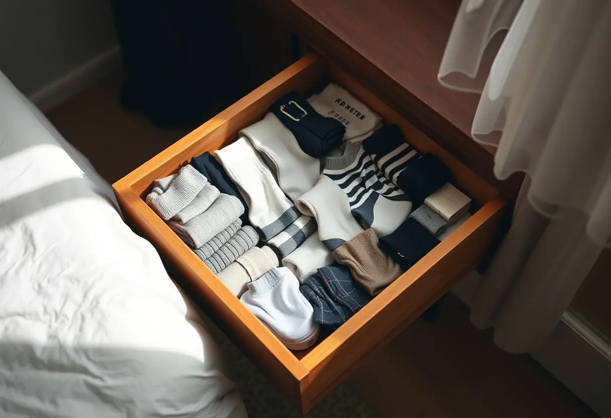 Un tiroir de commode ouvert montrant des chaussettes bien rangées pour le voyage.