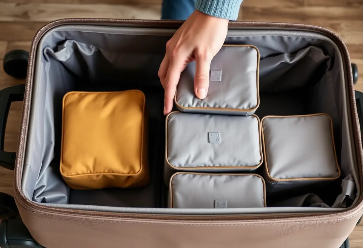 Des cubes de rangement sont soigneusement placés dans une grande valise par une main.