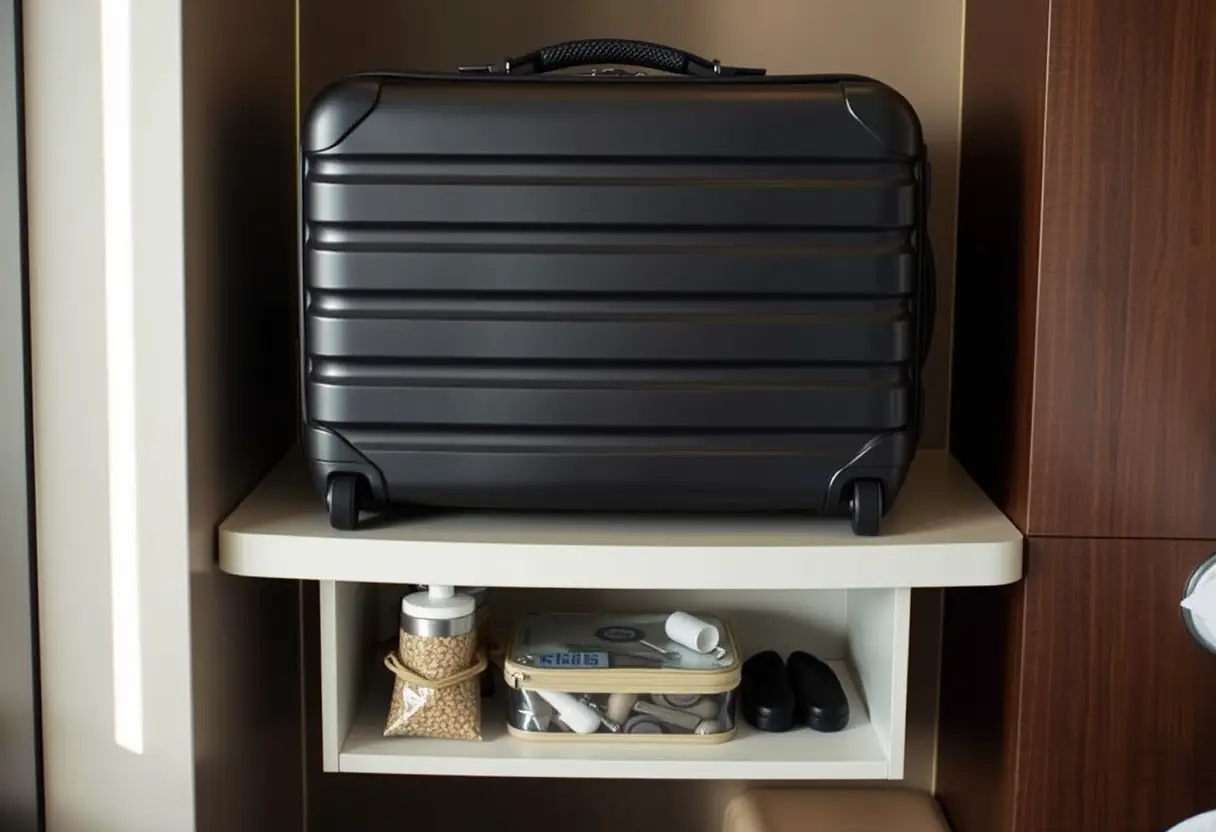 Une valise fermée repose sur un porte-valises d'hôtel, avec un kit de toilette partiellement visible sur la tablette en dessous.