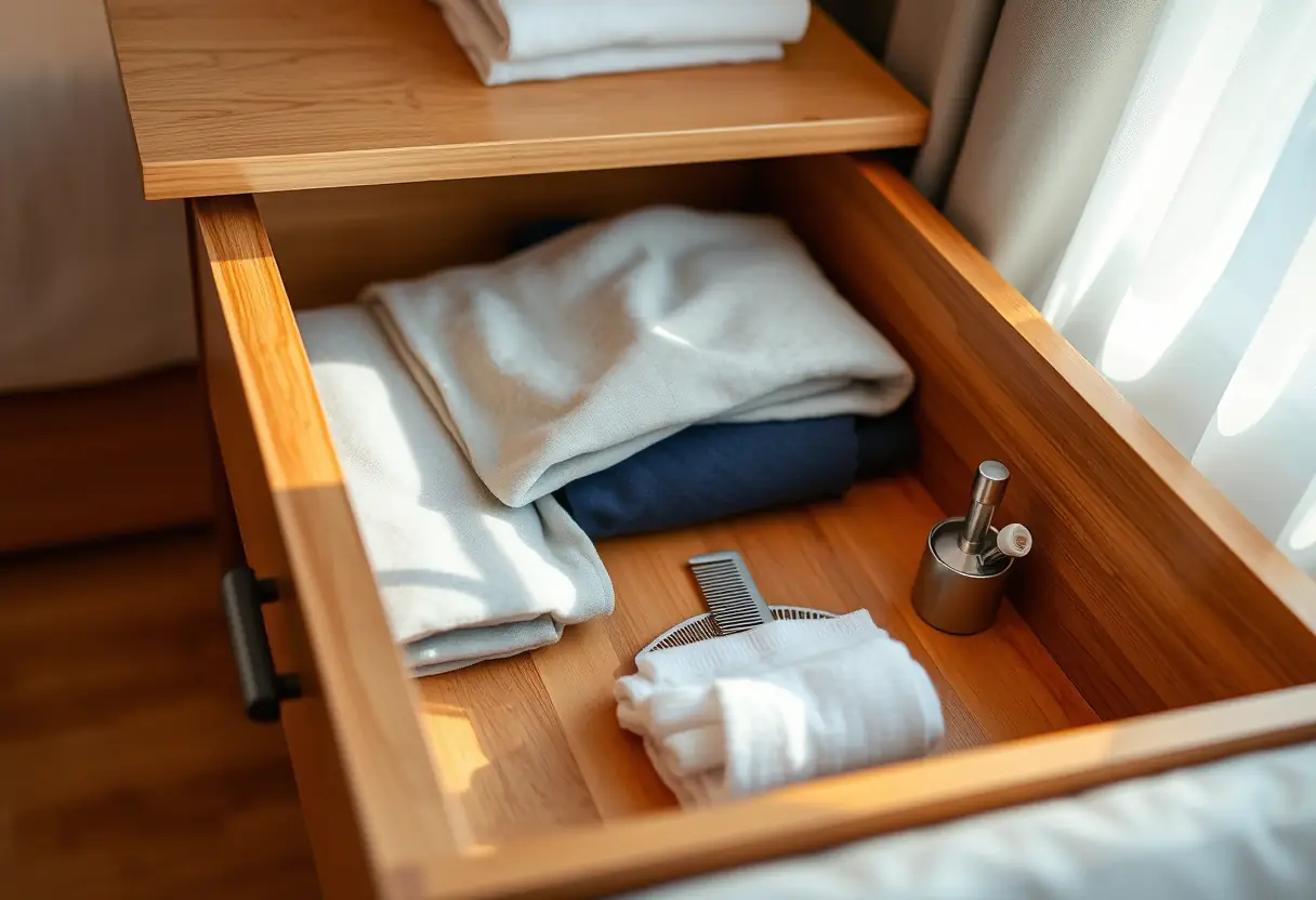 Un tiroir d'hôtel contenant des vêtements pliés et des objets de toilette