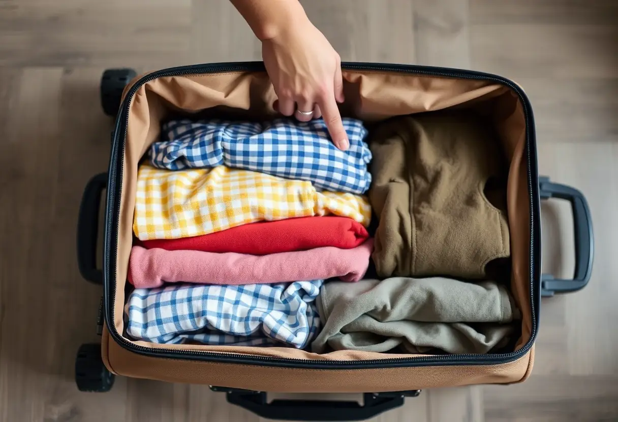 Une main plongeant dans une valise en tissu moyenne pour organiser des vêtements pliés
