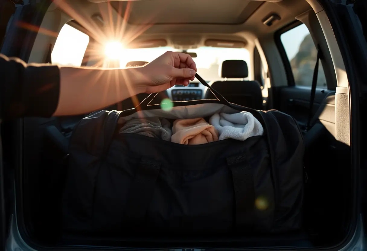 Une main zippant un grand sac de sport à l'intérieur d'un camping-car spacieux, la lumière du soleil filtre à travers les fenêtres arrière