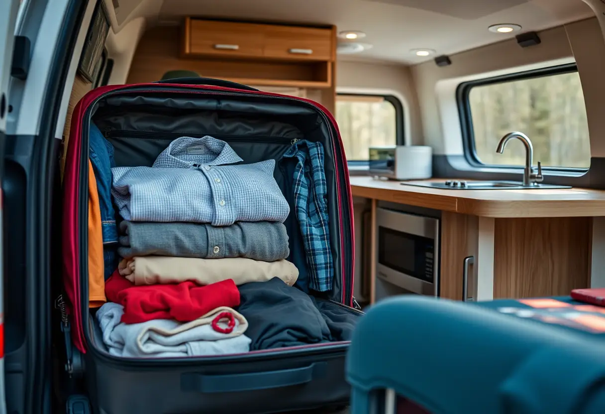 Une valise ouverte avec des vêtements pliés et organisés à l'intérieur, située à côté d'une zone de cuisine entièrement équipée dans le camping-car