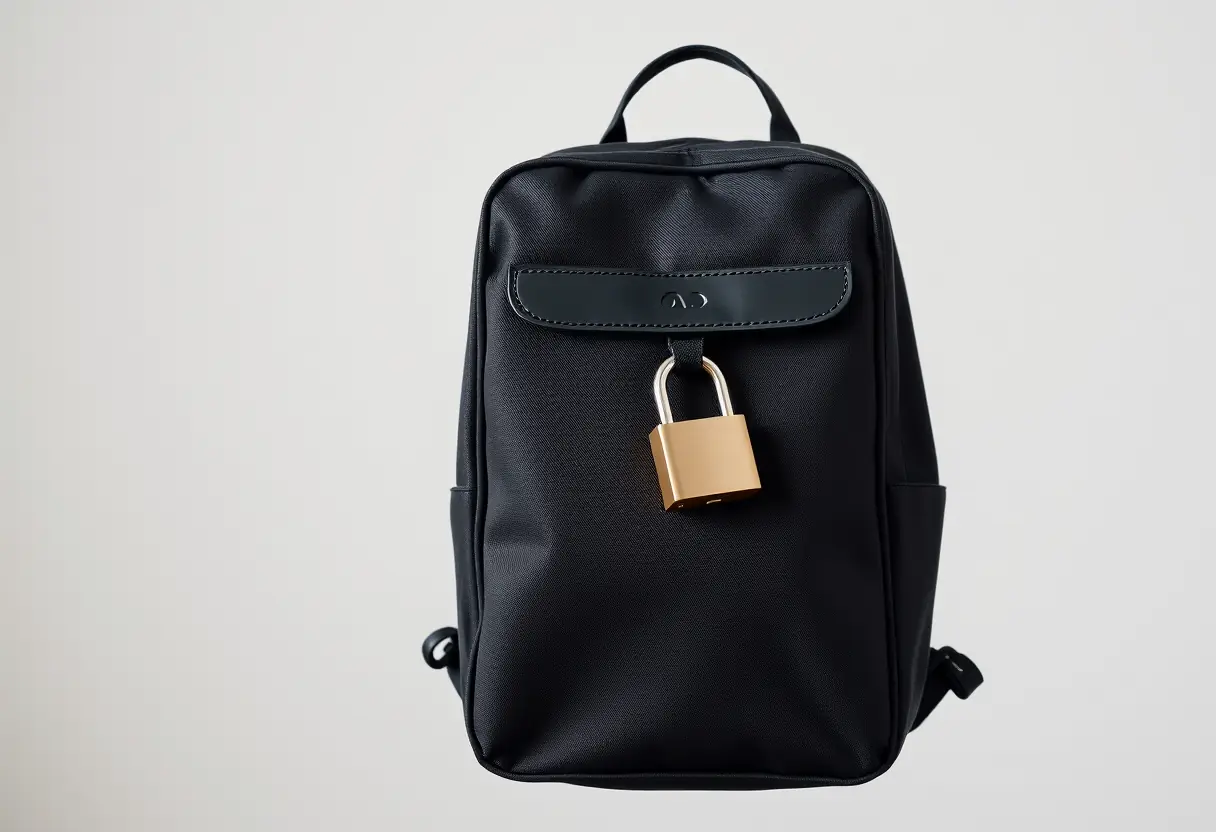 Un sac à dos noir fermé est attaché à un anneau métallique par un cadenas