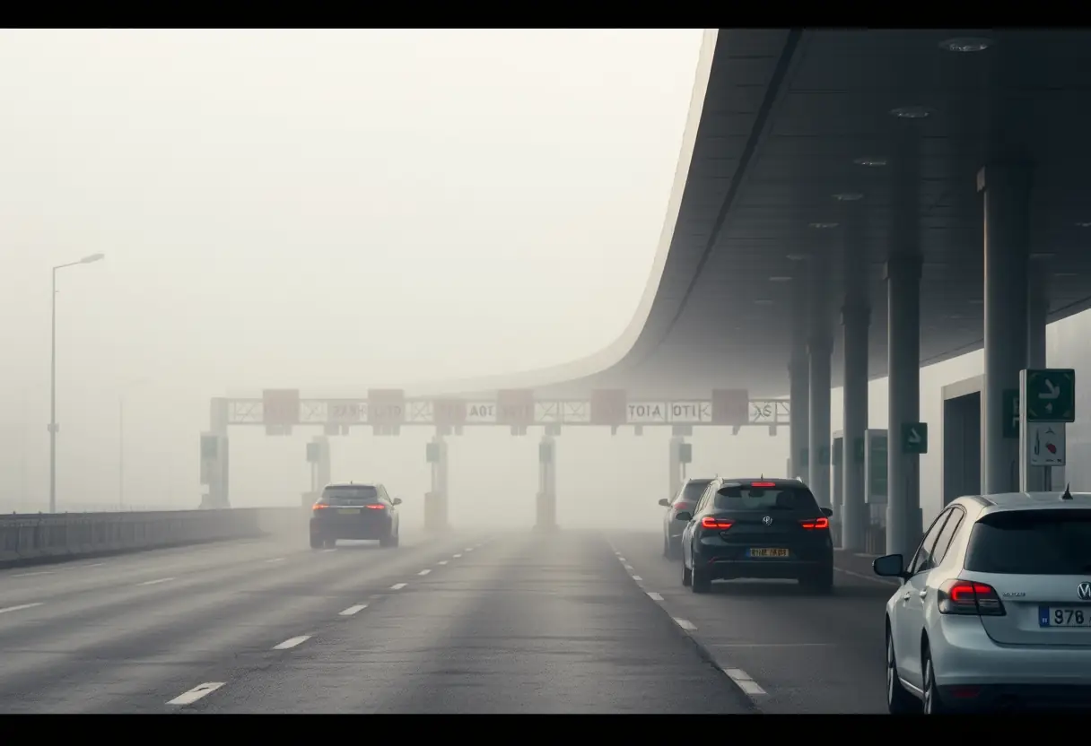 Un alignement de barrières de péage dans la brume, sur une autoroute où des voitures passent, illustrant les coûts variables selon les régions.