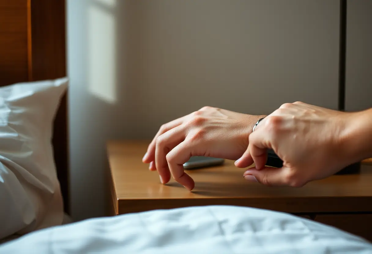 Une main qui ajuste une montre posée sur la table de chevet
