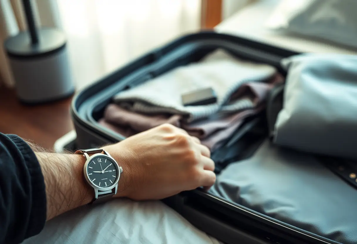 Une montre de poche posée sur la table de nuit d'une chambre d'hôtel à côté d'une coquille ouverte d'une valise montrant des vêtements pliés à l'intérieur