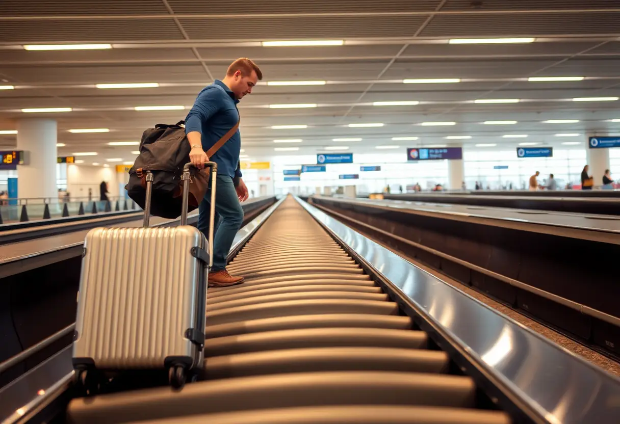 Un voyageur qui pose une valise sur un tapis de bagages dans un aéroport