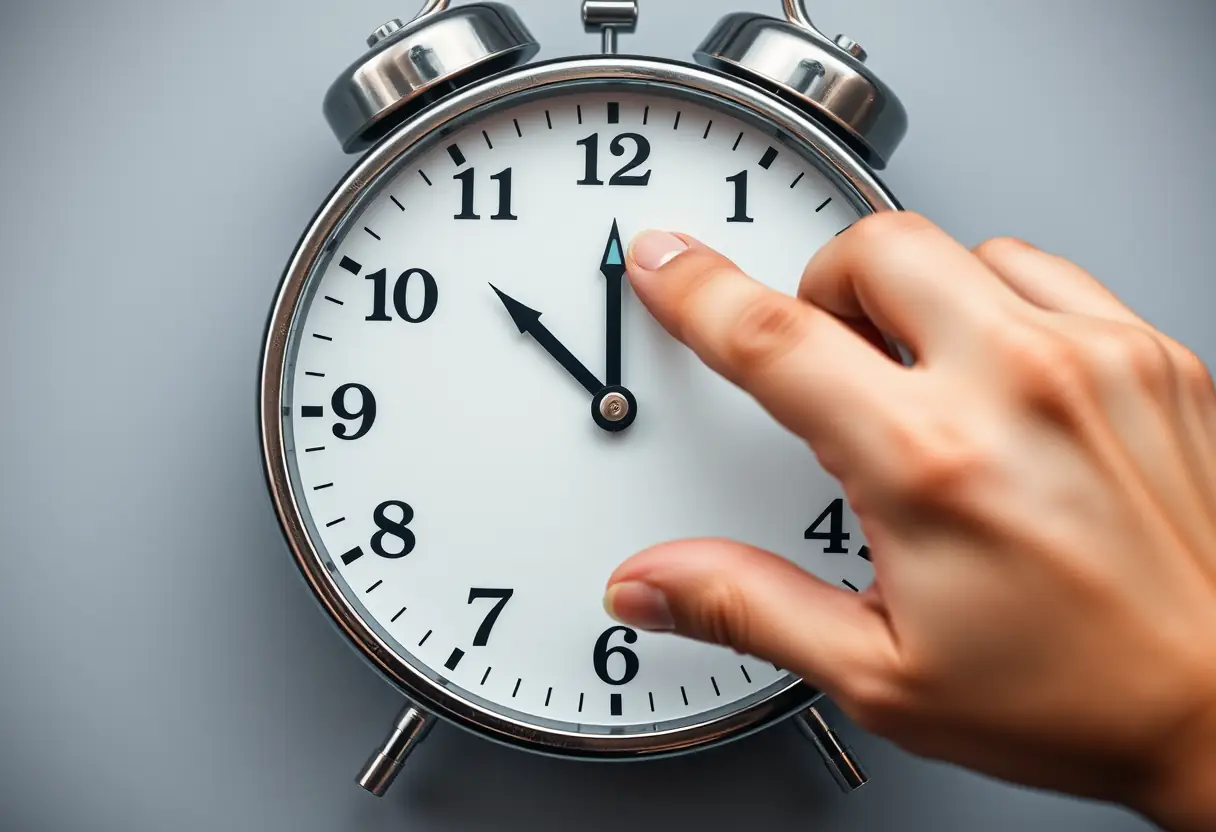 Une main réglant l'heure sur une horloge mécanique à réveil, représentant différents fuseaux horaires