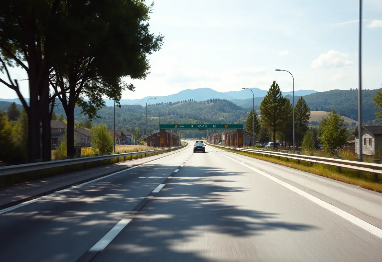 Route sinueuse avec un péage au loin entouré d'arbres