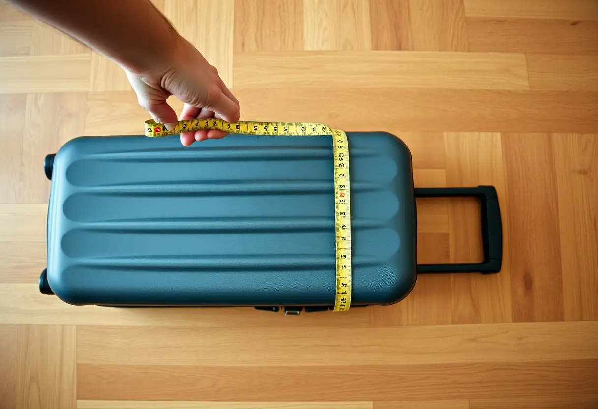 une main tenant un mètre ruban s'étend au-dessus d'une valise cylindrique posée sur un plancher en bois dur, mettant en valeur les techniques de mesure précises