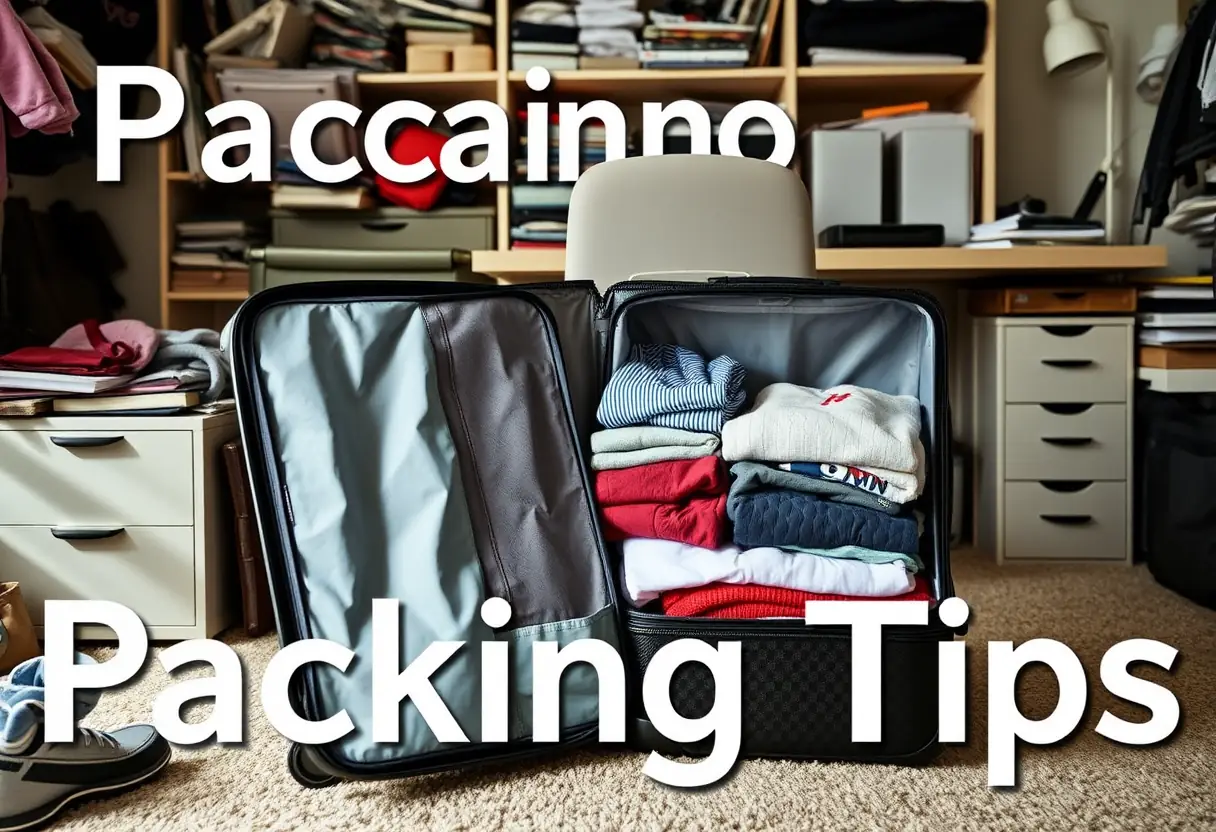 dans un bureau encombré, une valise semi-ouverte révèle des vêtements pliés avec soin à l'intérieur, mettant en avant les conseils de rangement