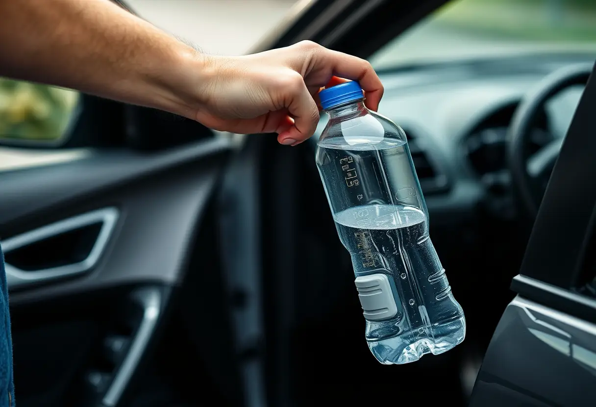 Une personne tient une bouteille en plastique remplie d'eau à côté d'une portière de voiture ouverte