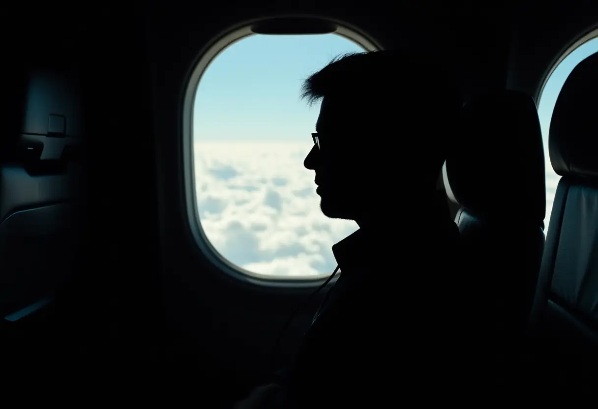 Un silhouetté de voyageur assis avec des écouteurs sur ses oreilles dans un siège d'avion, la fenêtre derrière montre des nuages