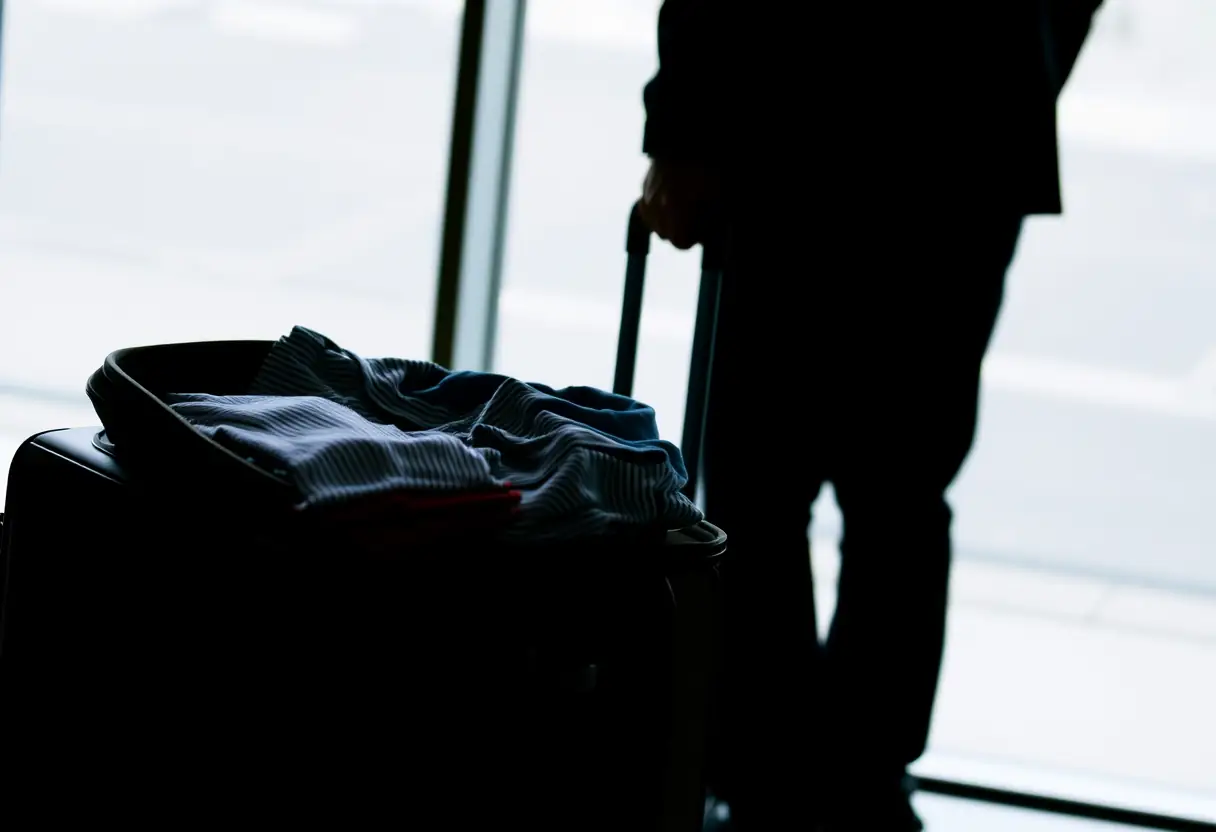 Un silhouetté de voyageur se tenant près d'une valise dont le couvercle est ouvert, révélant des vêtements pliés avec soin à l'intérieur