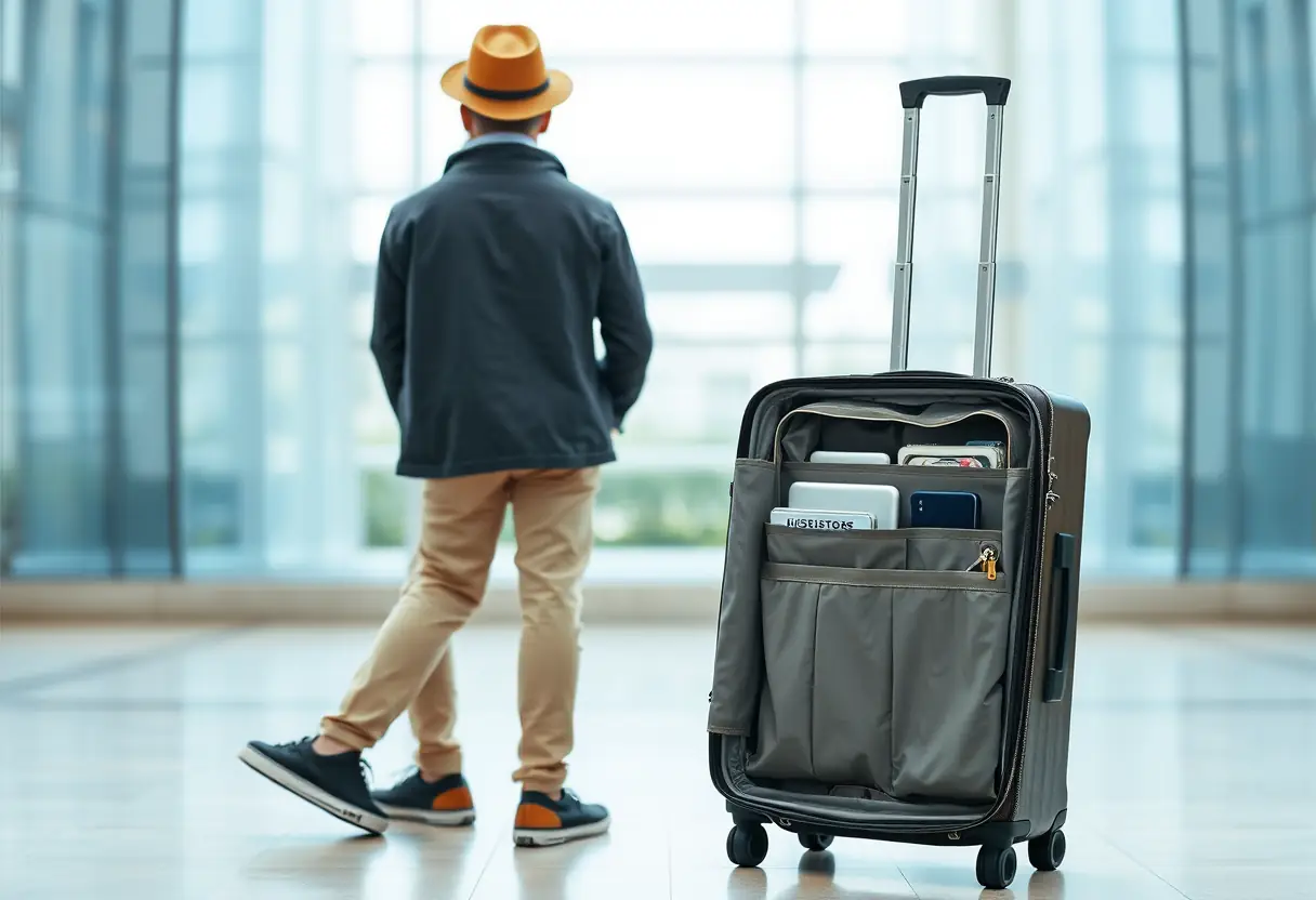 Un voyageur se tient près d'une valise dont le couvercle est légèrement ouvert, révélant l'organisation de l'intérieur