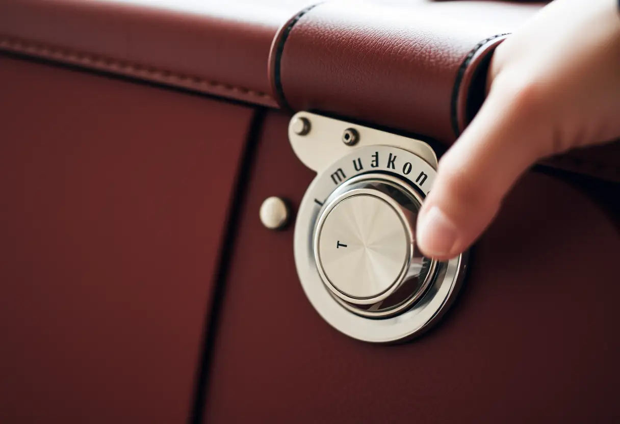 Une main tourne la molette d'un cadenas sur une valise en cuir brun