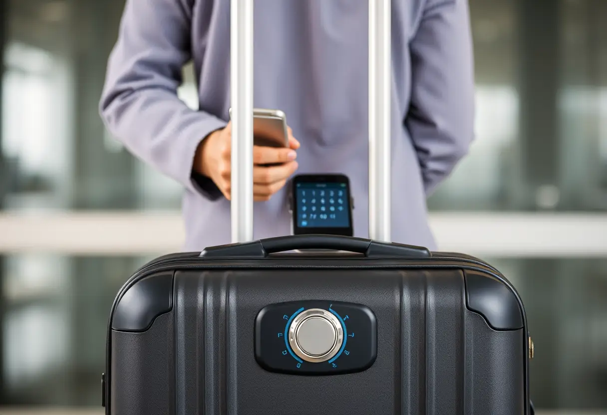 Une personne se tient derrière une valise avec un cadenas numérique, utilisant un téléphone pour entrer un nouveau code, vue de dos, sans visages, sans texte
