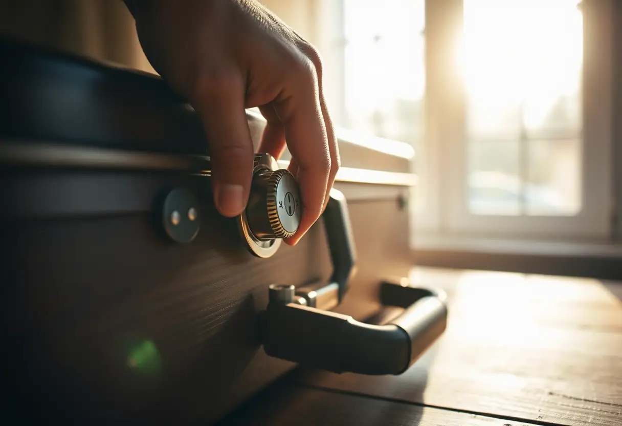 La main qui tourne la molette d'un cadenas sur une table en bois, avec la lumière du soleil qui projette un éclat chaud