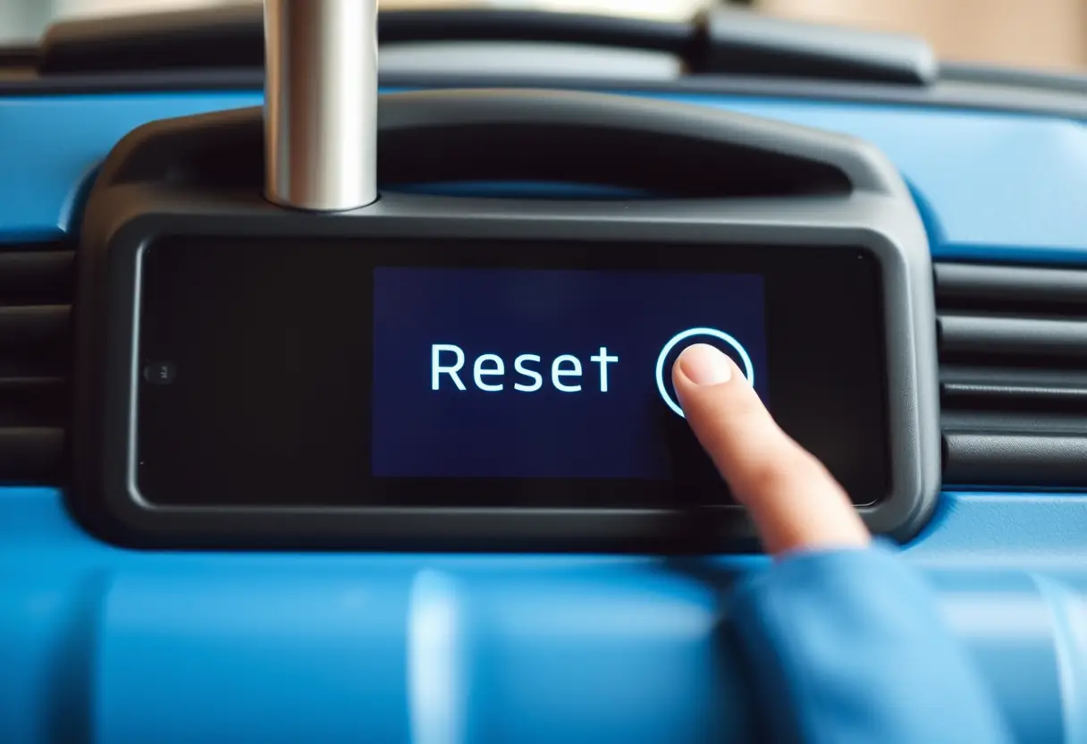 L'écran d'un cadenas électronique sur une valise bleue montrant le bouton de réinitialisation qui est pressé